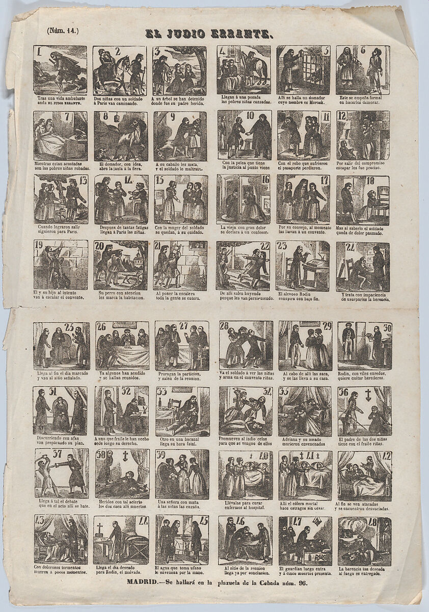 Broadside with 48 scenes relating to the errant Jew, José María Marés (Spanish, active ca. 1850–70), Wood engraving 