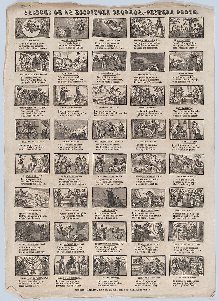 Broadside with 48 scenes illustrating passages of holy scripture (Part I), José María Marés (Spanish, active ca. 1850–70), Wood engraving 