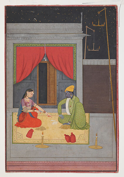 Krishna and Radha Gambling with Stick Dice by Candlelight / Kartika (October-November); Folio from a Baramasa Series, First generation after Manaku and Nainsukh, Opaque watercolor on paper, India (Guler, Himachal Pradesh) 