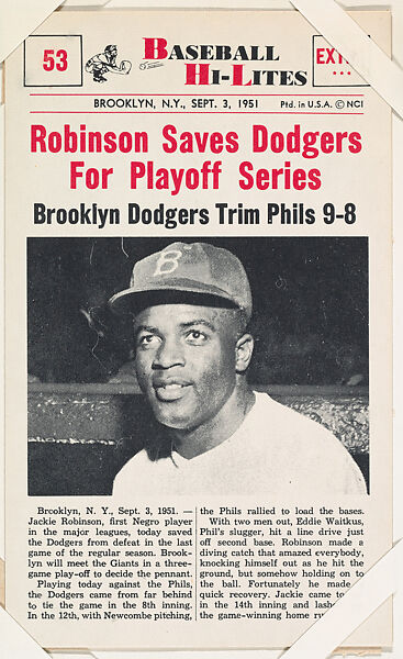 Jackie Robinson #53 from Nu-Card Baseball Hi-Lites series (W460), Nu-Card, Inc., Commercial photolithograph 