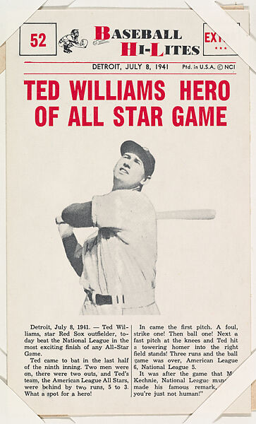 Ted Williams #52 from Nu-Card Baseball Hi-Lites series (W460), Nu-Card, Inc., Commercial photolithograph 