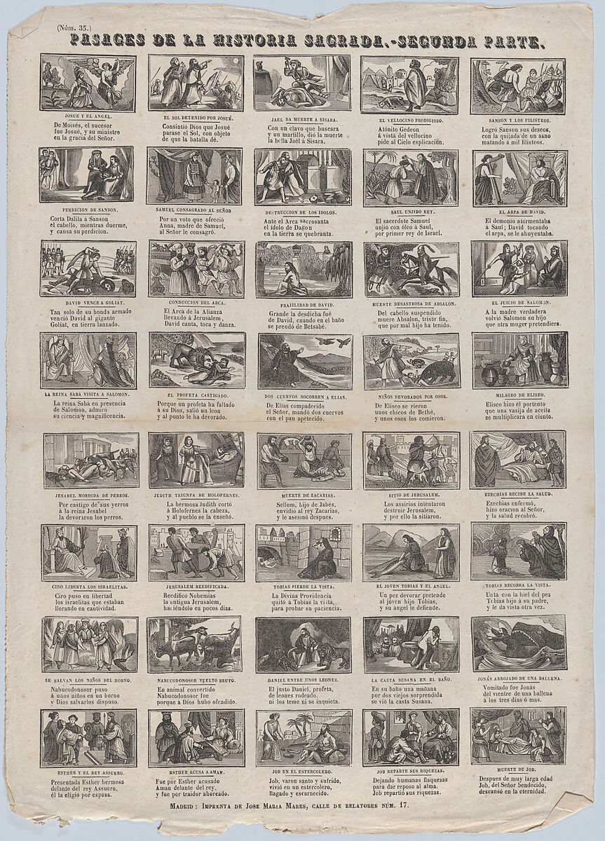 Broadside with 48 scenes illustrating passages of holy scripture (Part II), José María Marés (Spanish, active ca. 1850–70), Wood engraving 