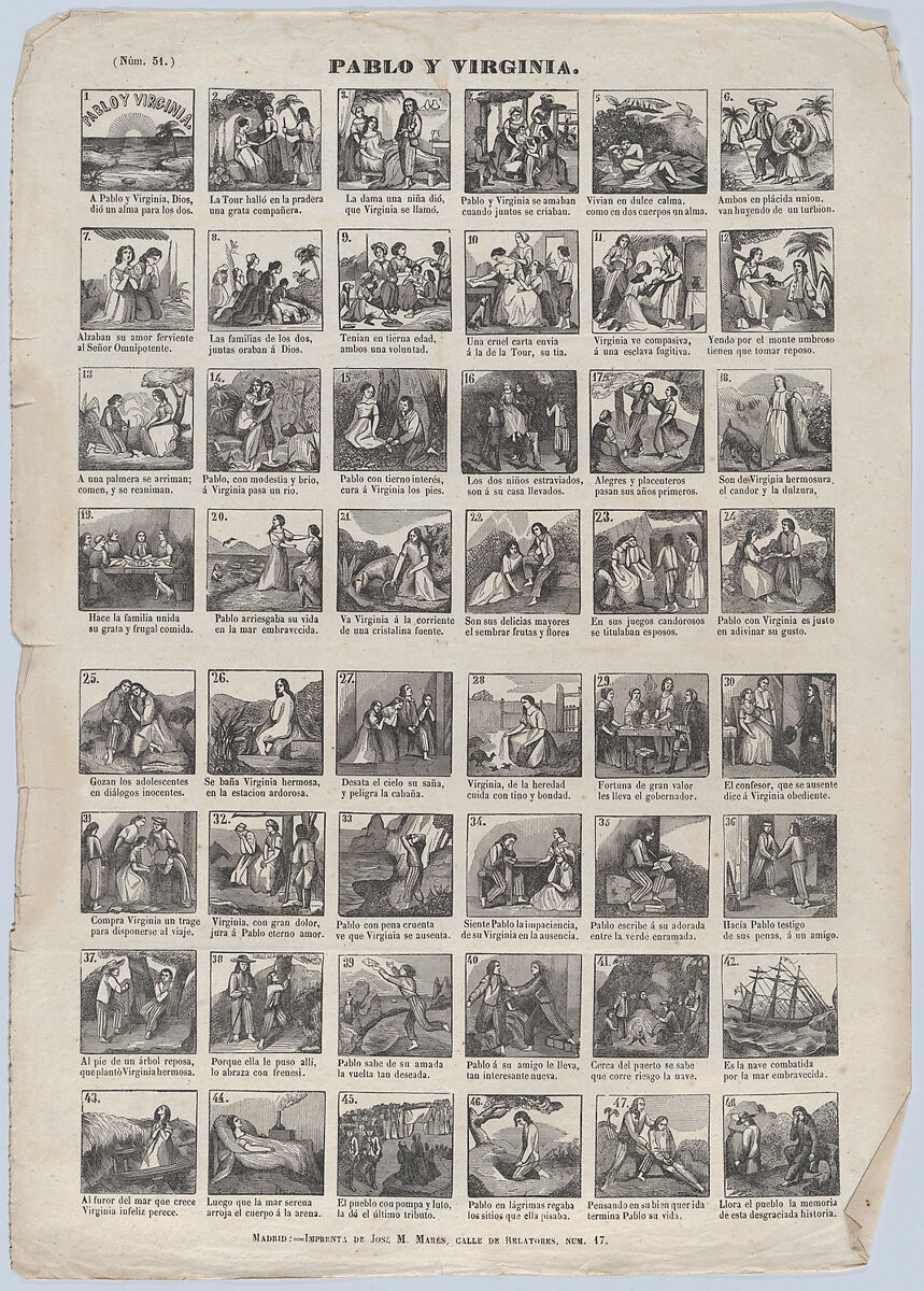 Broadside with 48 scenes relating to the live of Pablo and Virginia, José María Marés (Spanish, active ca. 1850–70), Wood engraving 
