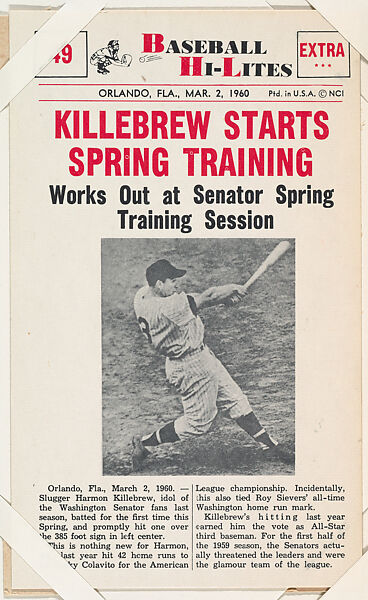 Harmon Killebrew #49 from Nu-Card Baseball Hi-Lites series (W460), Nu-Card, Inc., Commercial photolithograph 