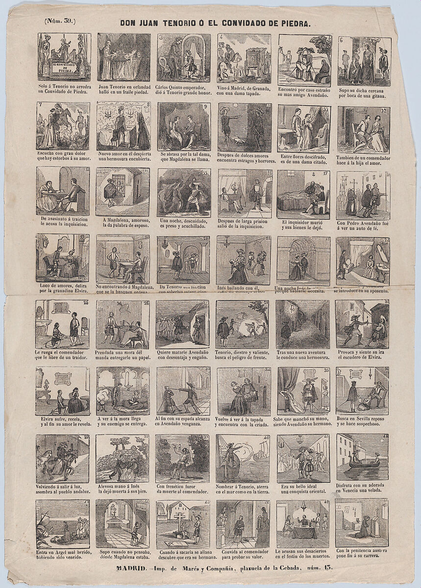 Broadside with 48 scenes relating to Don Juan Tenorio or the Stone Guest, José María Marés (Spanish, active ca. 1850–70), Wood engraving 