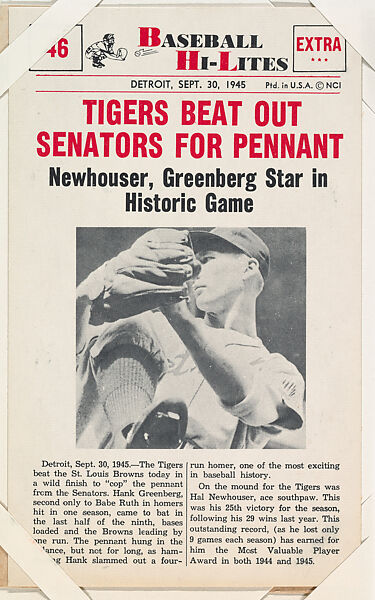 Tigers Beat out Senators #46 from Nu-Card Baseball Hi-Lites series (W460), Nu-Card, Inc., Commercial photolithograph 