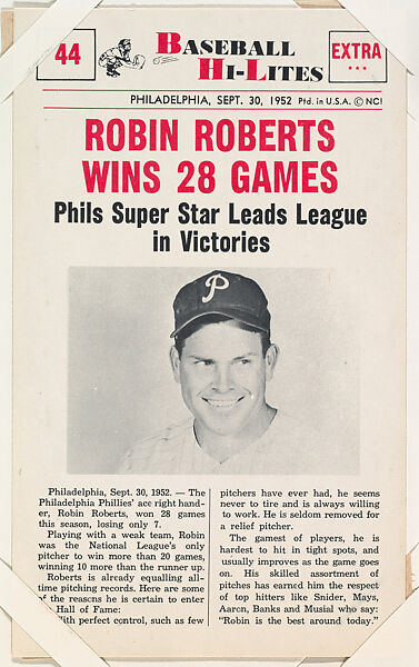 Robin Roberts #44 from Nu-Card Baseball Hi-Lites series (W460), Nu-Card, Inc., Commercial photolithograph 
