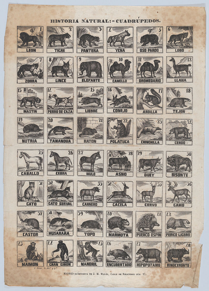 Broadside with 48 scenes of quadrupeds (animals), José María Marés (Spanish, active ca. 1850–70), Wood engraving 