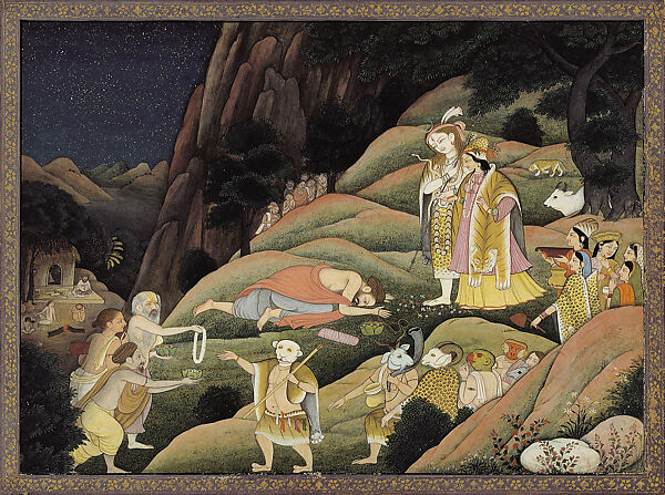 Shiva and Parvati Descend from Mount Kailash: Folio from a Shiva Purana Series, Attributed to Khushala, Opaque watercolor on paper, India (Guler, Himachal Pradesh) 
