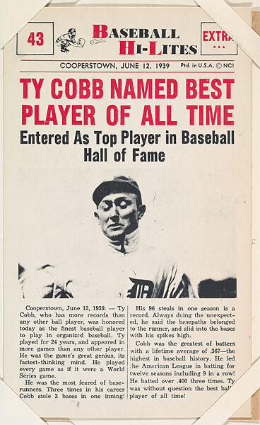 Ty Cobb #43 from Nu-Card Baseball Hi-Lites series (W460), Nu-Card, Inc., Commercial photolithograph 