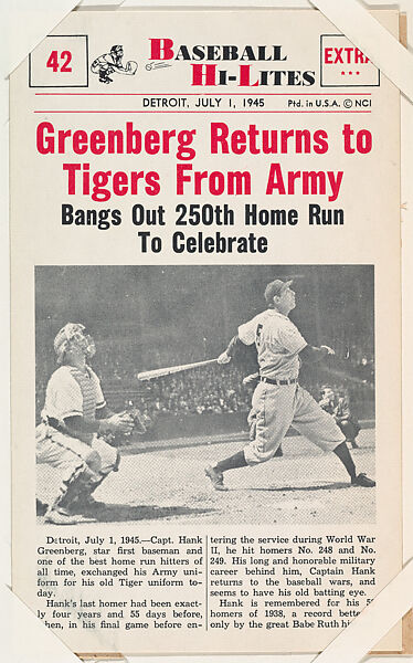 Capt. Hank Greenberg #42 from Nu-Card Baseball Hi-Lites series (W460), Nu-Card, Inc., Commercial photolithograph 