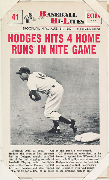 Gil Hodges #41 from Nu-Card Baseball Hi-Lites series (W460), Nu-Card, Inc., Commercial photolithograph 