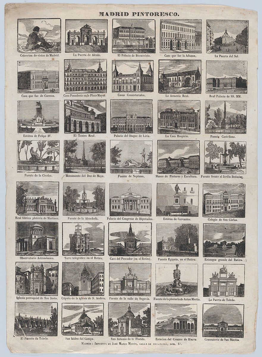 Broadside with 40 scenes of picturesque buildings and locations in Madrid, José María Marés (Spanish, active ca. 1850–70), Wood engraving 