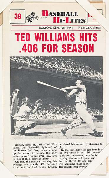 Ted Williams #39 from Nu-Card Baseball Hi-Lites series (W460), Nu-Card, Inc., Commercial photolithograph 