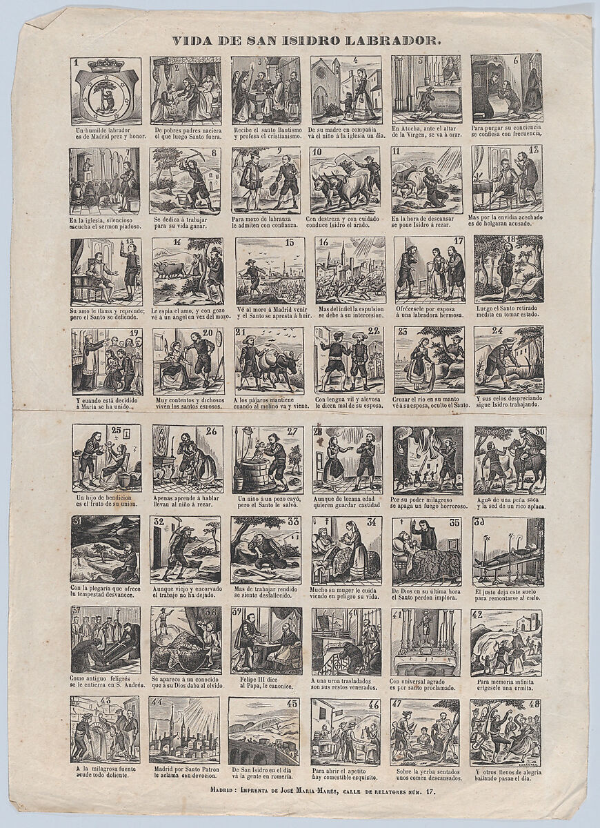 Broadside with 48 scenes from the life of San Isidro, José María Marés (Spanish, active ca. 1850–70), Wood engraving 