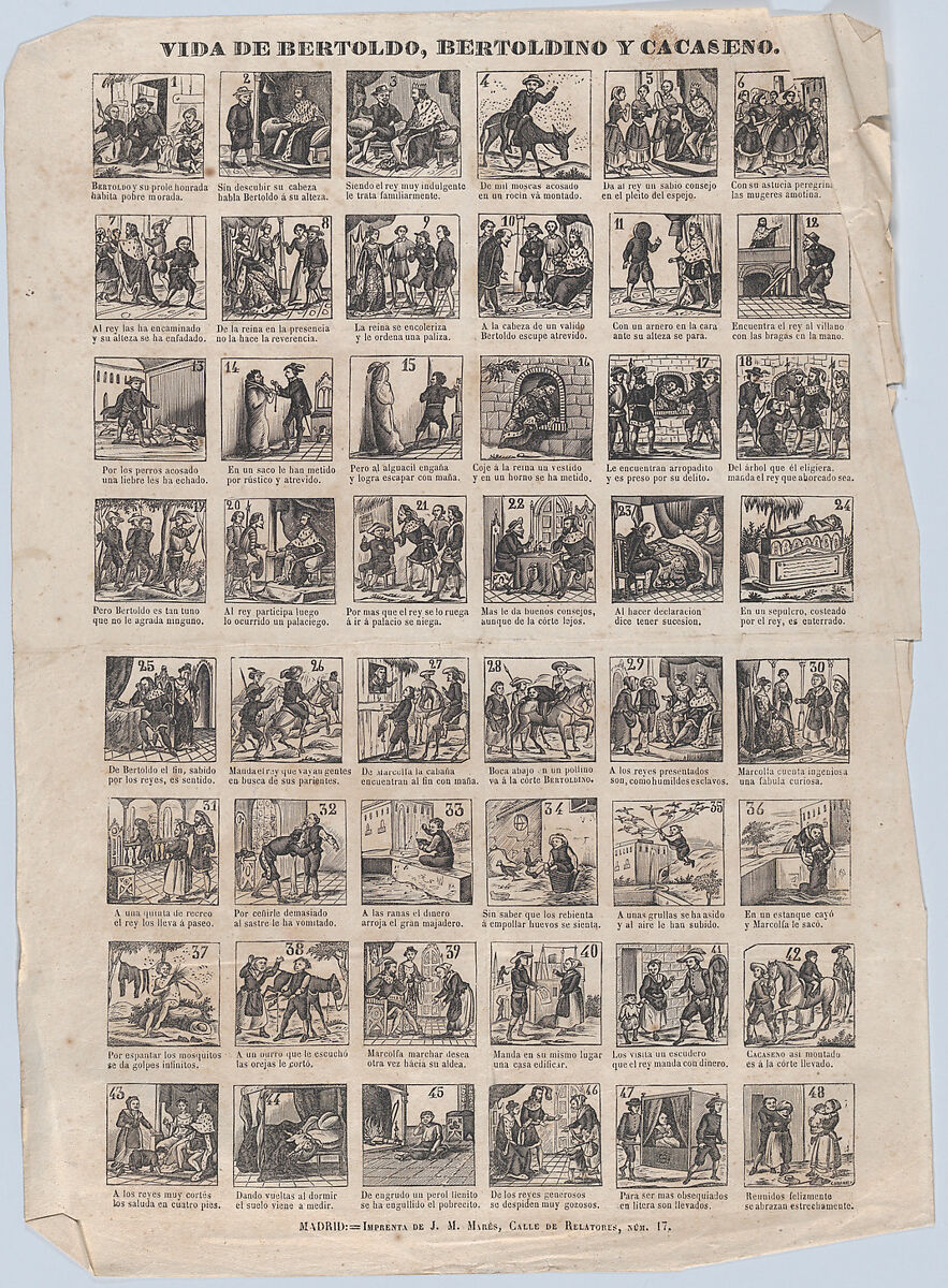 Broadside with 48 scenes from the lives of Bertoldo, Bertoldino and Cacaseno, José María Marés (Spanish, active ca. 1850–70), Wood engraving 