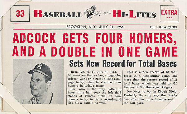 Joe Adcock #33 from Nu-Card Baseball Hi-Lites series (W460), Nu-Card, Inc., Commercial photolithograph 