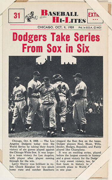 Dodgers Take Series #31 from Nu-Card Baseball Hi-Lites series (W460), Nu-Card, Inc., Commercial photolithograph 