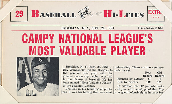 Roy Campanella #29 from Nu-Card Baseball Hi-Lites series (W460), Nu-Card, Inc., Commercial photolithograph 
