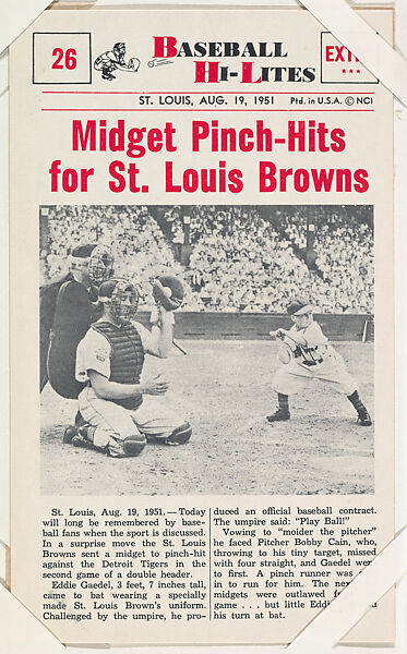 Midget Pinch-Hits #26 from Nu-Card Baseball Hi-Lites series (W460), Nu-Card, Inc., Commercial photolithograph 