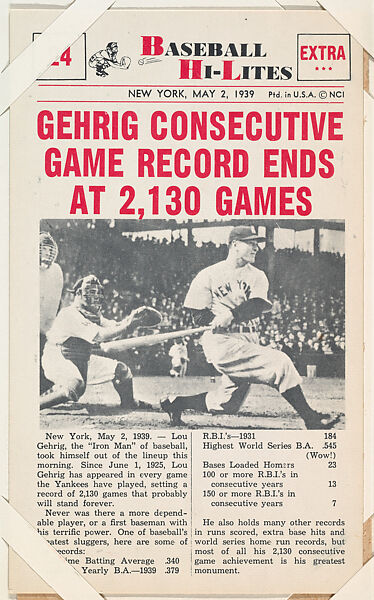 Lou Gehrig #24 from Nu-Card Baseball Hi-Lites series (W460), Nu-Card, Inc., Commercial photolithograph 