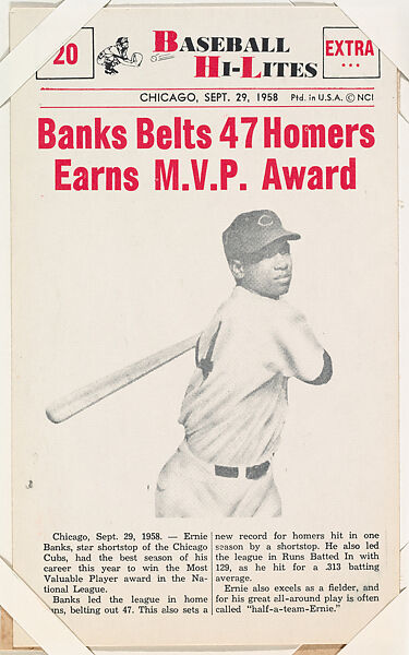 Ernie Banks #20 from Nu-Card Baseball Hi-Lites series (W460), Nu-Card, Inc., Commercial photolithograph 