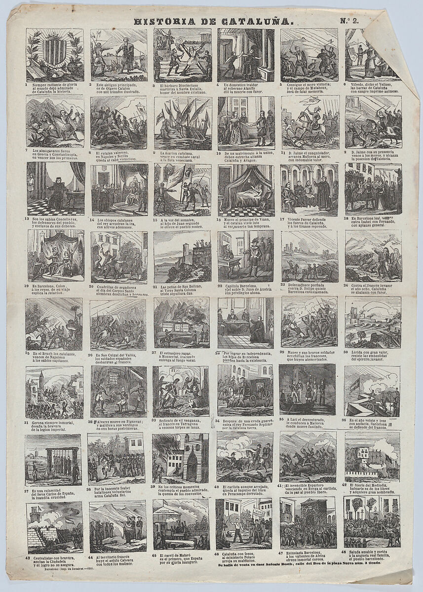 Broadside with 48 scenes representing the history of Catalonia, Antonio Bosch (Spanish, active Barcelona, ca. 1860–1880), Wood engraving 