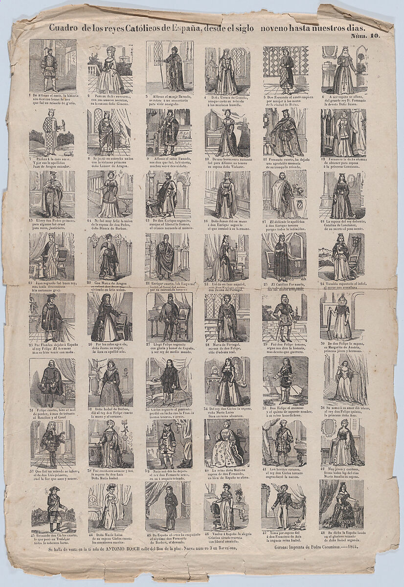 Broadside with 48 scenes representing the kings and queens of Spain, Antonio Bosch (Spanish, active Barcelona, ca. 1860–1880), Wood engraving 