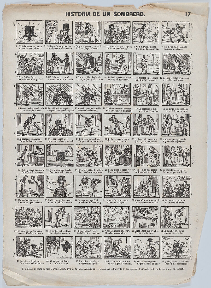 Broadside with 48 scenes telling the story of the sombrero, Antonio Bosch (Spanish, active Barcelona, ca. 1860–1880), Etching (photo-relief?) 