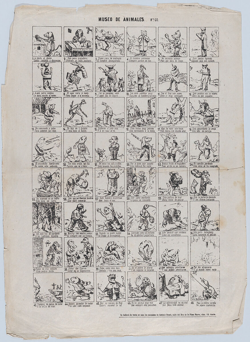 Broadside with 48 scenes of the museum of animals, Antonio Bosch (Spanish, active Barcelona, ca. 1860–1880), Etching (photo relief?) 