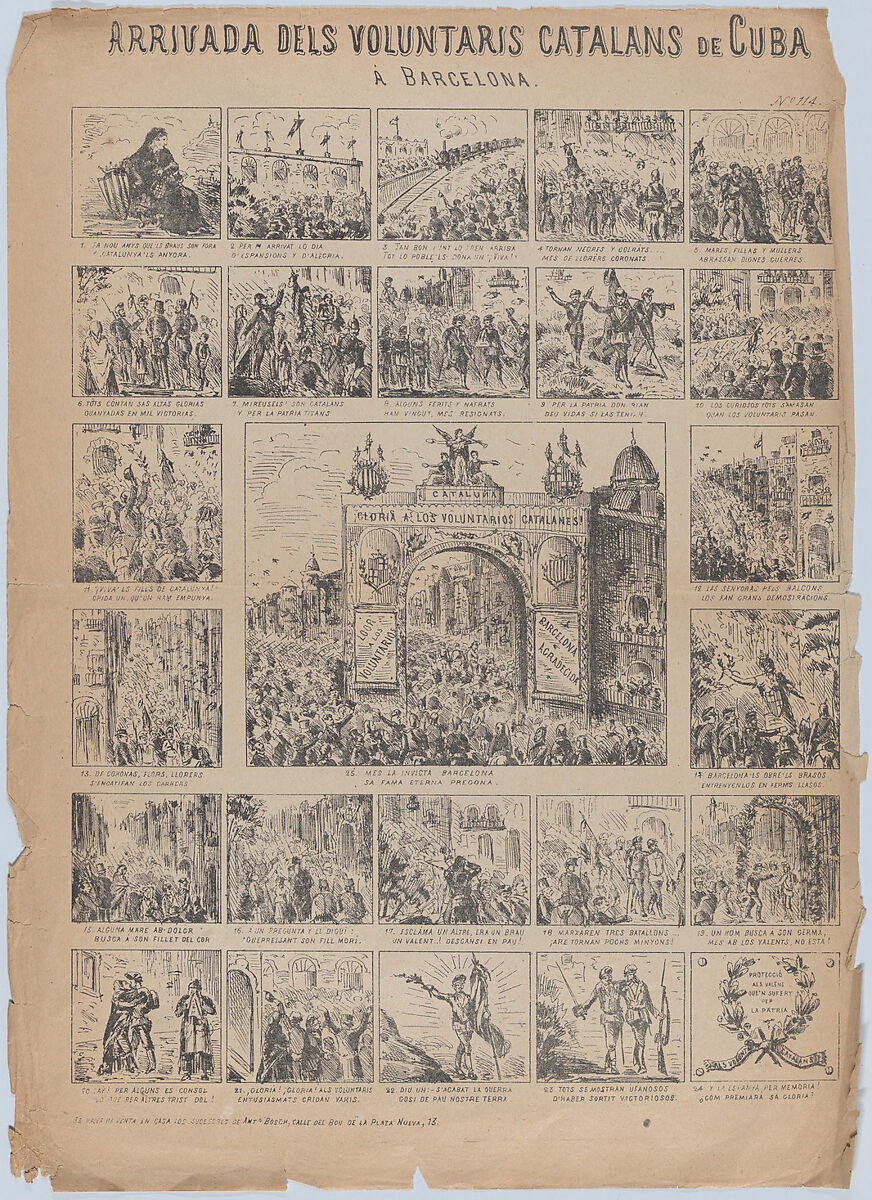 Broadside with 24 scenes showing the Catalan soldiers arriving in Cuba to quell the rebellion, Antonio Bosch (Spanish, active Barcelona, ca. 1860–1880), Lithographic reproduction of an etching 