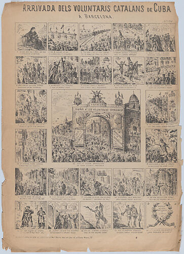 Broadside with 24 scenes showing the Catalan soldiers arriving in Cuba to quell the rebellion
