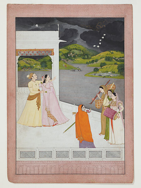 Lovers on a Terrace Watching an Approaching Thunderstorm, First generation after Manaku and Nainsukh, Opaque watercolor and gold on paper, India (Guler, Himachal Pradesh) 