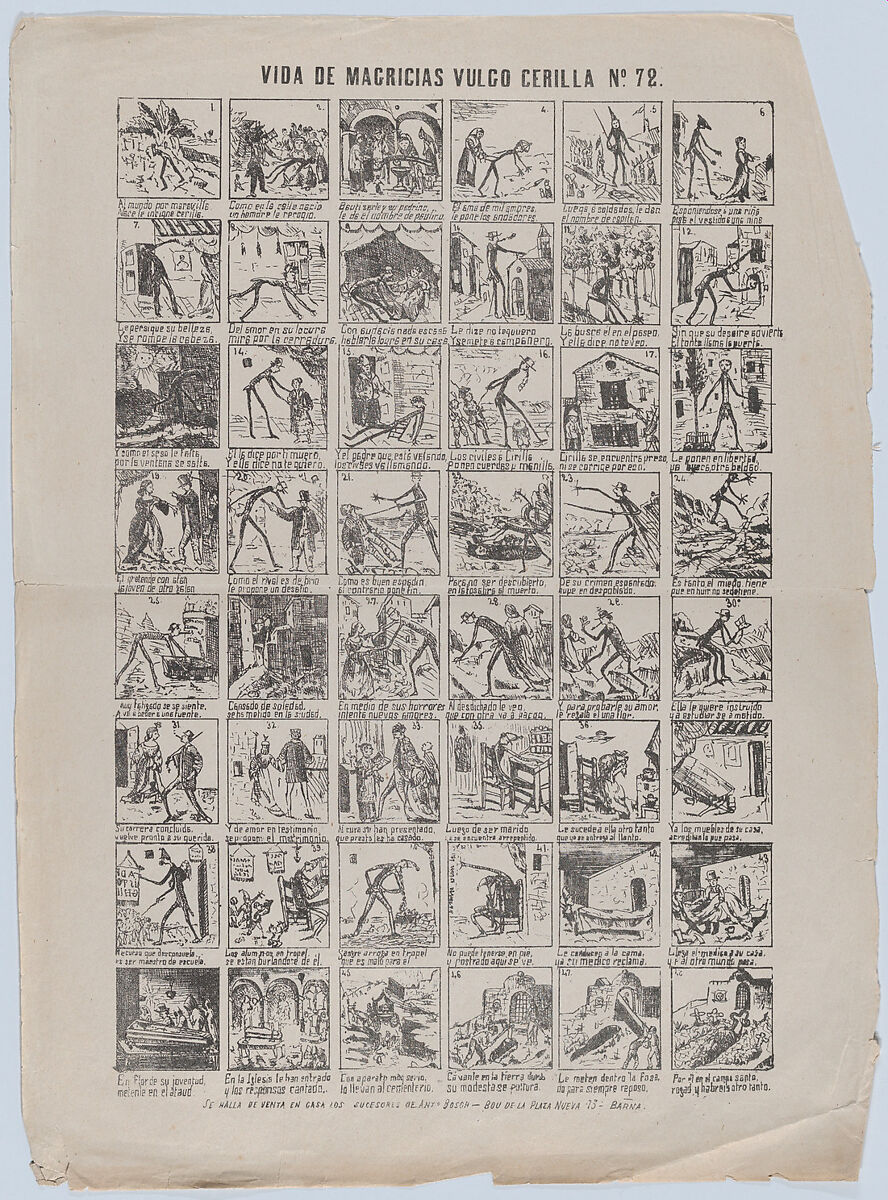 Broadside with 48 scenes depicting the life of Mr Thin, Antonio Bosch (Spanish, active Barcelona, ca. 1860–1880), Lithographic reproduction of an etching 