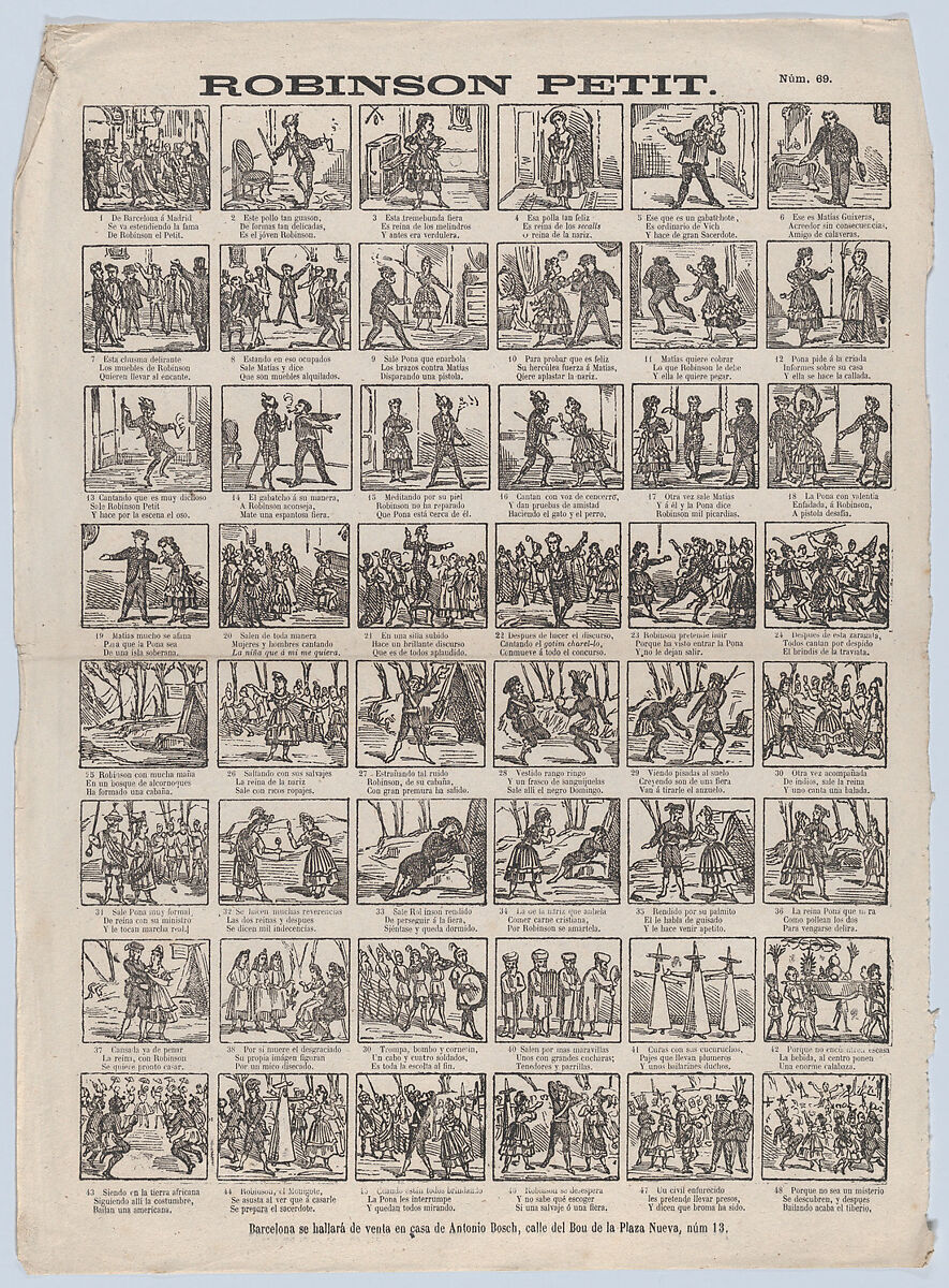 Broadside with 48 scenes depicting the story of Little Robinson, Antonio Bosch (Spanish, active Barcelona, ca. 1860–1880), Lithographic reproduction of an etching 
