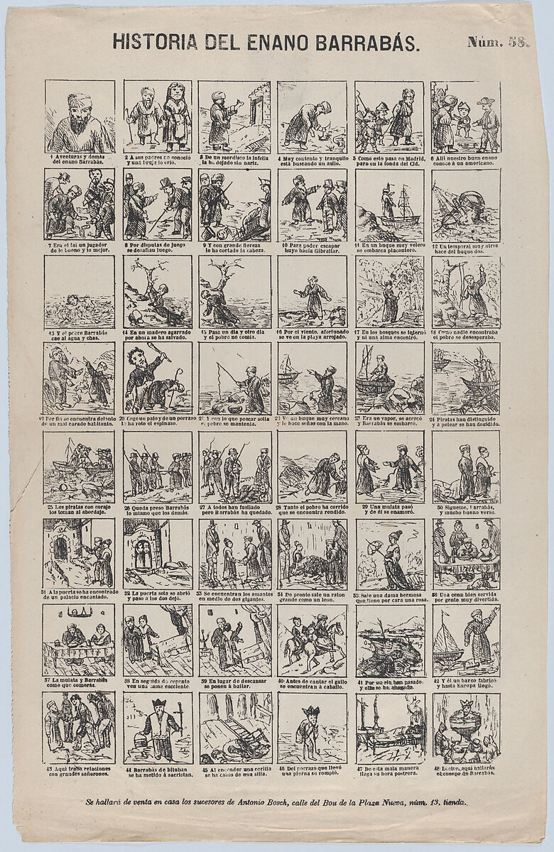 Broadside with 48 scenes depicting the story of the Dwarf Barrabás, Antonio Bosch (Spanish, active Barcelona, ca. 1860–1880), Lithographic reproduction of an etching 