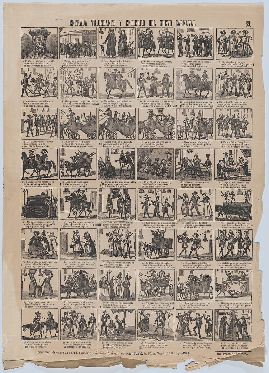 Broadside with 48 scenes depicting the triumphal entry and burial and entry of the new carnival, Antonio Bosch (Spanish, active Barcelona, ca. 1860–1880), Lithographic reproduction of a wood engraving 