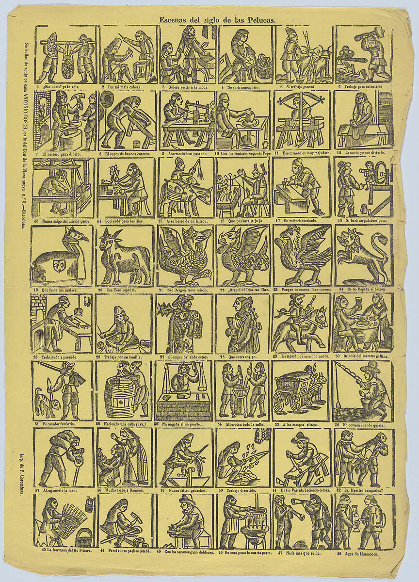 Broadside with 48 scenes from the 'century of the wigs', Antonio Bosch (Spanish, active Barcelona, ca. 1860–1880), Wood engraving printed on yellow paper 