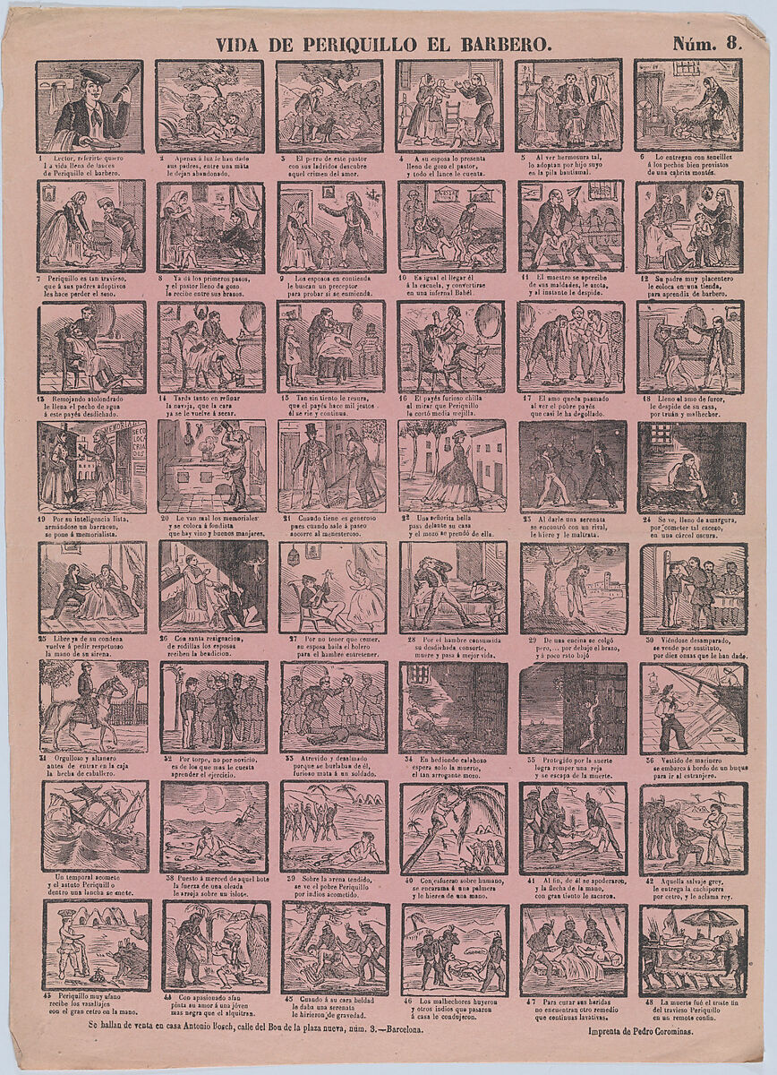 Broadside with 48 scenes from the life of Periquillo the Barber, Antonio Bosch (Spanish, active Barcelona, ca. 1860–1880), Wood engraving printed on pink paper 