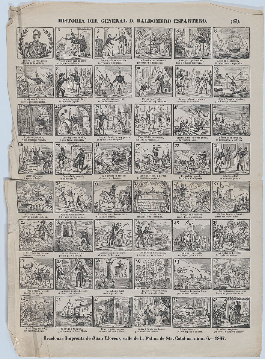 Broadside with 48 scenes relating to the life of General D. Baldomero Espartero, Juan Llorens (Spanish, active Barcelona, ca. 1855–70), Wood engraving 