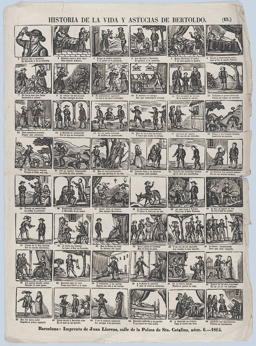 Broadside with 48 scenes relating to the life and cunning of the peasant Bertoldo, Juan Llorens (Spanish, active Barcelona, ca. 1855–70), Wood engraving 
