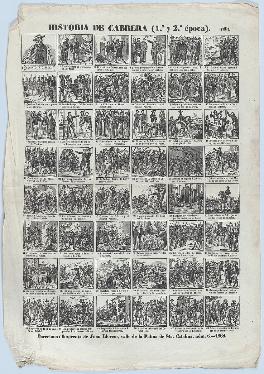 Broadside with 48 scenes relating to the life of the Carlist General of Spain, Ramon Cabrera y Griñó, José Noguera (Spanish, 19th century), Wood engraving 