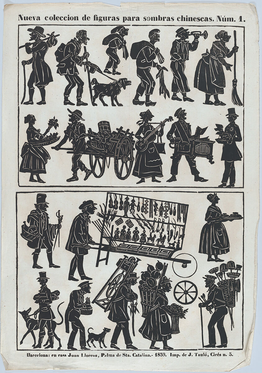 Sheet 1 of figures for Chinese shadow puppets, Juan Llorens (Spanish, active Barcelona, ca. 1855–70), Woodcut (?wood engraving matrix) 