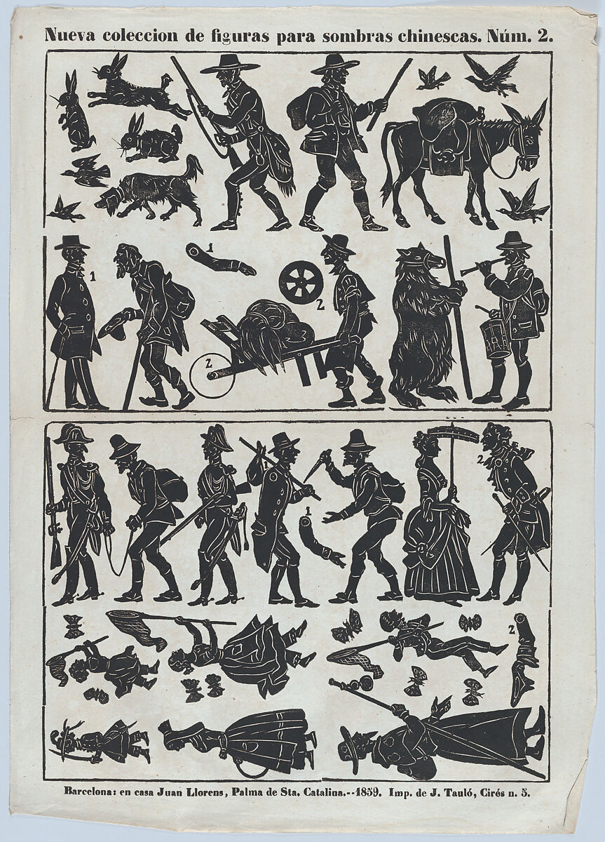 Sheet 2 of figures for Chinese shadow puppets, Juan Llorens (Spanish, active Barcelona, ca. 1855–70), Woodcut (?wood engraving matrix) 