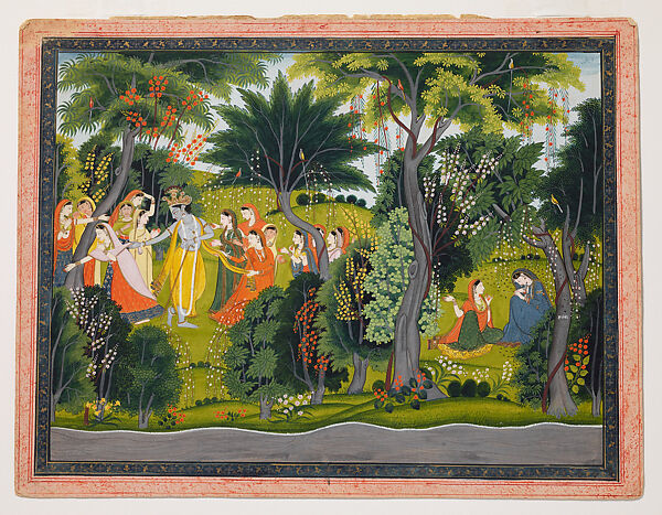 Krishna Flirting with the Gopis, to Radha's Sorrow: Folio from a Gita Govinda Series, Attributed to Purkhu (active ca. 1780–1820), Opaque watercolor and gold on paper, India (Kangra, Himachal Pradesh) 