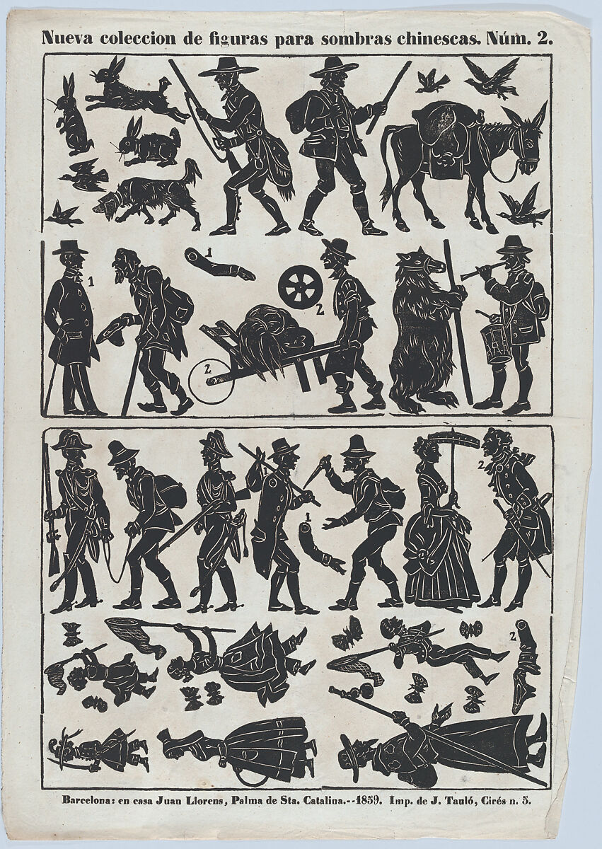 Sheet 2 of figures for Chinese shadow puppets, Juan Llorens (Spanish, active Barcelona, ca. 1855–70), Woodcut (?wood engraving matrix) 