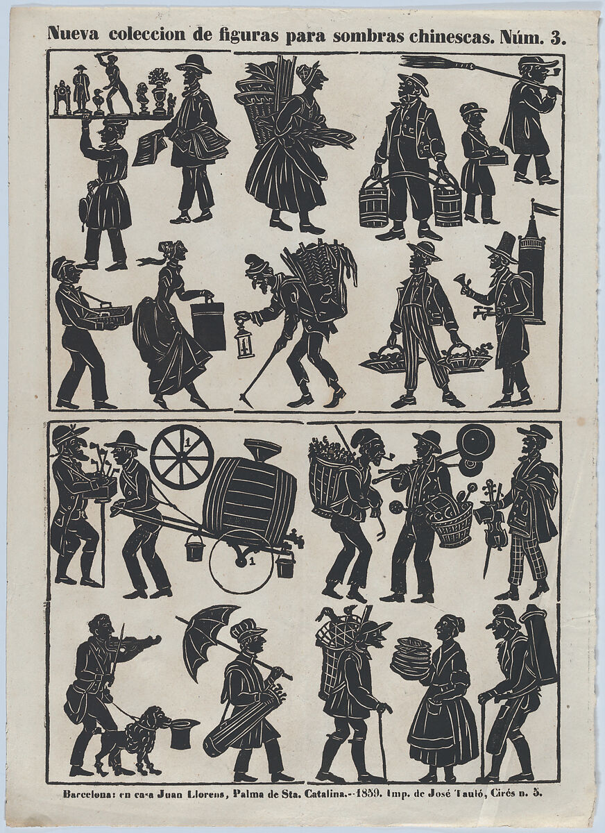 Sheet 3 of figures for Chinese shadow puppets, Juan Llorens (Spanish, active Barcelona, ca. 1855–70), Woodcut (?wood engraving matrix) 