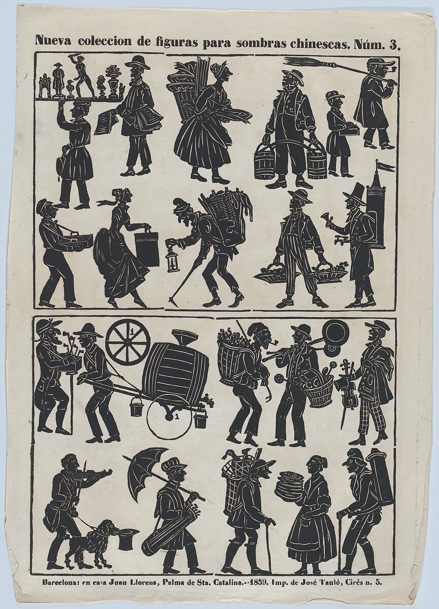 Sheet 3 of figures for Chinese shadow puppets, Juan Llorens (Spanish, active Barcelona, ca. 1855–70), Woodcut (?wood engraving matrix) 