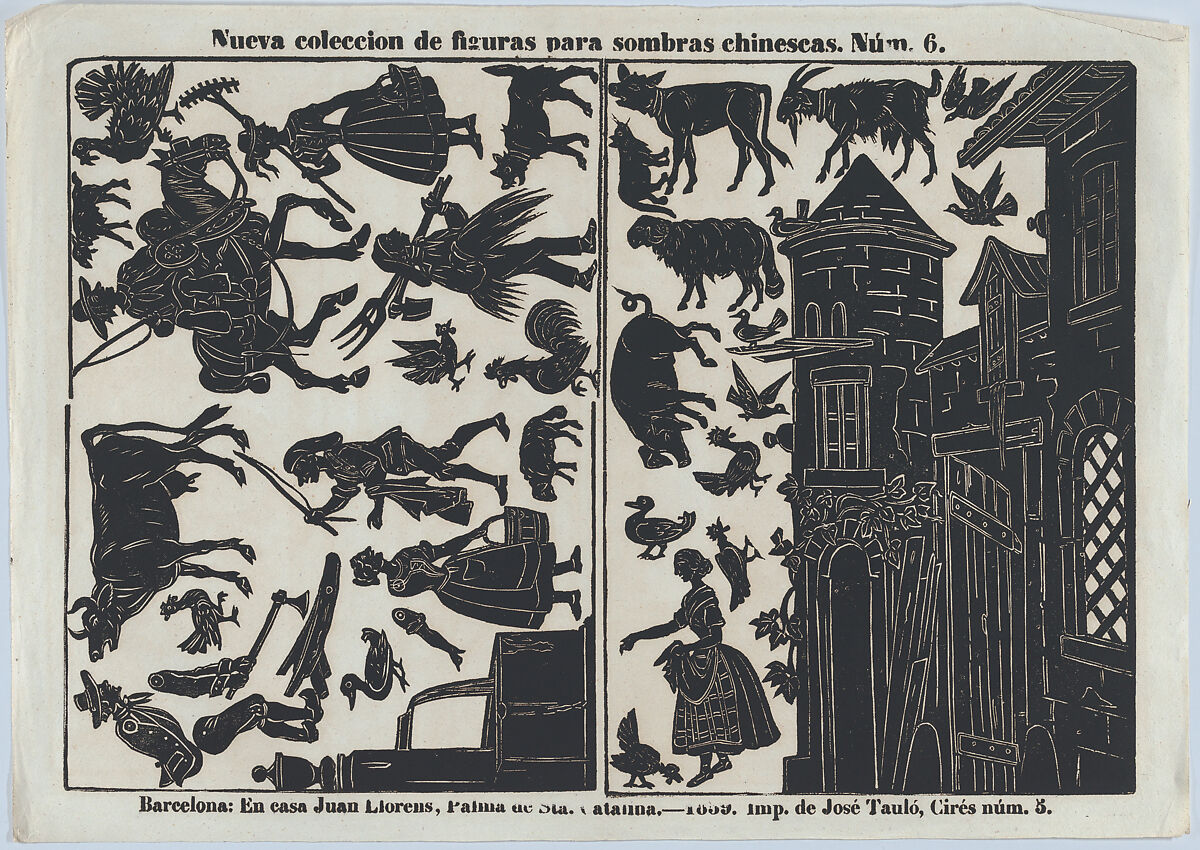 Sheet 6 of figures for Chinese shadow puppets, Juan Llorens (Spanish, active Barcelona, ca. 1855–70), Woodcut (?wood engraving matrix) 