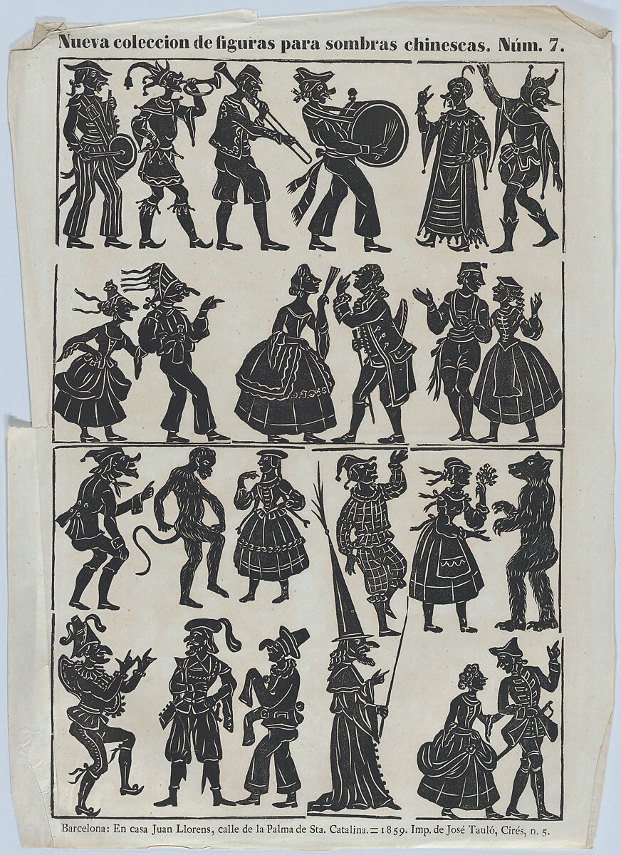 Sheet 7 of figures for Chinese shadow puppets, Juan Llorens (Spanish, active Barcelona, ca. 1855–70), Woodcut (?wood engraving matrix) 